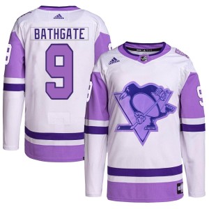 Men's Pittsburgh Penguins Andy Bathgate Adidas Authentic Hockey Fights Cancer Primegreen Jersey - White/Purple