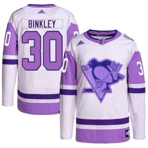 Men's Pittsburgh Penguins Les Binkley Adidas Authentic Hockey Fights Cancer Primegreen Jersey - White/Purple