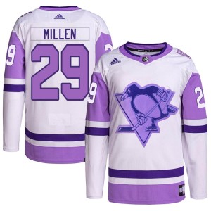Men's Pittsburgh Penguins Greg Millen Adidas Authentic Hockey Fights Cancer Primegreen Jersey - White/Purple
