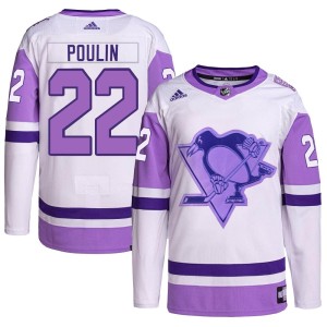 Men's Pittsburgh Penguins Sam Poulin Adidas Authentic Hockey Fights Cancer Primegreen Jersey - White/Purple