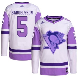 Men's Pittsburgh Penguins Ulf Samuelsson Adidas Authentic Hockey Fights Cancer Primegreen Jersey - White/Purple