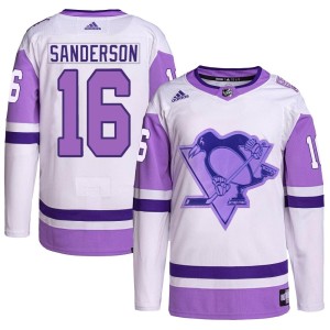 Men's Pittsburgh Penguins Derek Sanderson Adidas Authentic Hockey Fights Cancer Primegreen Jersey - White/Purple