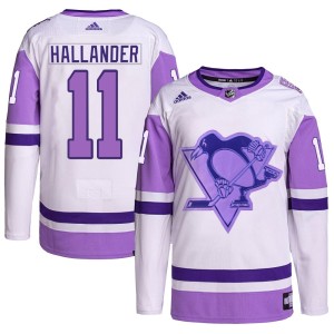 Men's Pittsburgh Penguins Filip Hallander Adidas Authentic Hockey Fights Cancer Primegreen Jersey - White/Purple