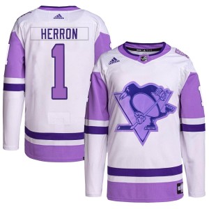 Men's Pittsburgh Penguins Denis Herron Adidas Authentic Hockey Fights Cancer Primegreen Jersey - White/Purple