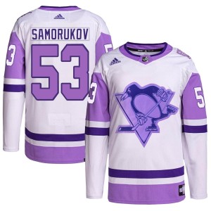 Men's Pittsburgh Penguins Dmitri Samorukov Adidas Authentic Hockey Fights Cancer Primegreen Jersey - White/Purple