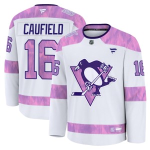 Men's Pittsburgh Penguins Jay Caufield Fanatics Premium 2024 Hockey Fights Cancer Practice Jersey - White