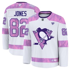 Men's Pittsburgh Penguins Caleb Jones Fanatics Premium 2024 Hockey Fights Cancer Practice Jersey - White