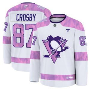 Youth Pittsburgh Penguins Sidney Crosby Fanatics Premium 2024 Hockey Fights Cancer Practice Jersey - White
